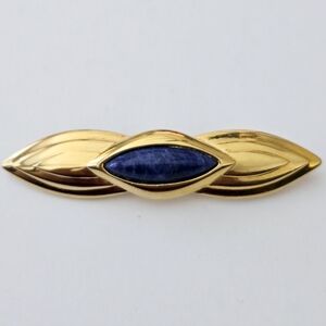 Vintage 80s Art Deco Ginnie Johansen Bar Brooch Gold Tone Blue Stone Pin Retro